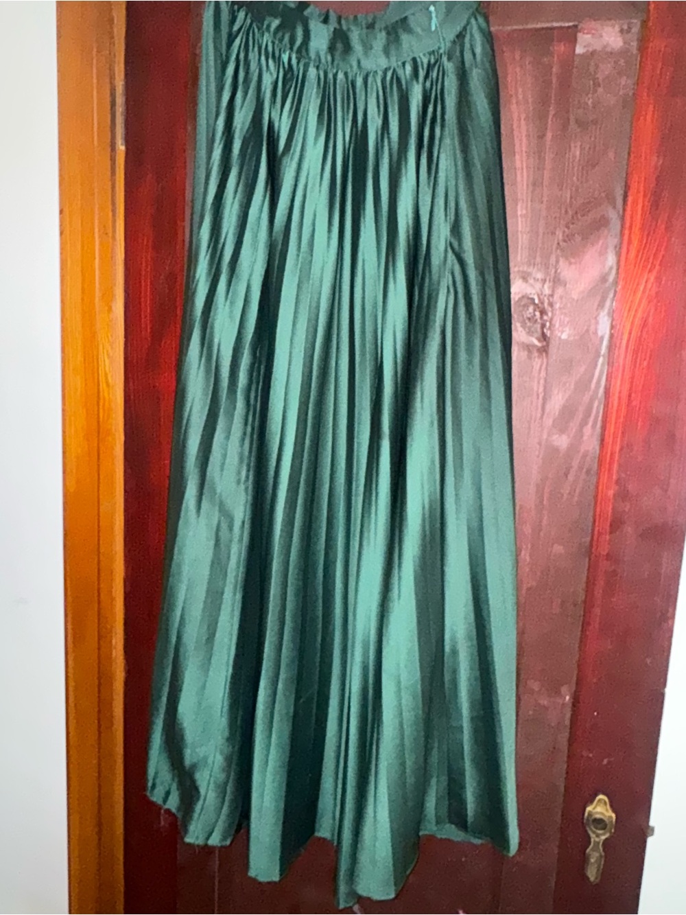 Emerald Green Full-Length Pleated Satin Skirt